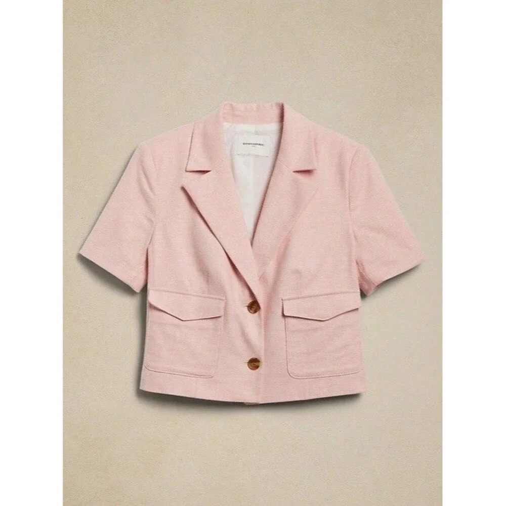 Banana Republic Pink Tailored Blazer Herringbone Cropped Career Womens Size 16